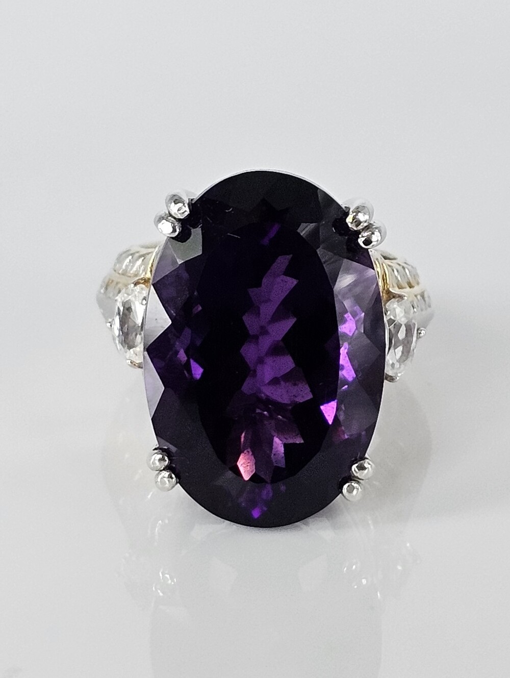 Huge Genuine Amethyst & White Zircon Palladium Sterling Silver 18K Ring Sz 7!